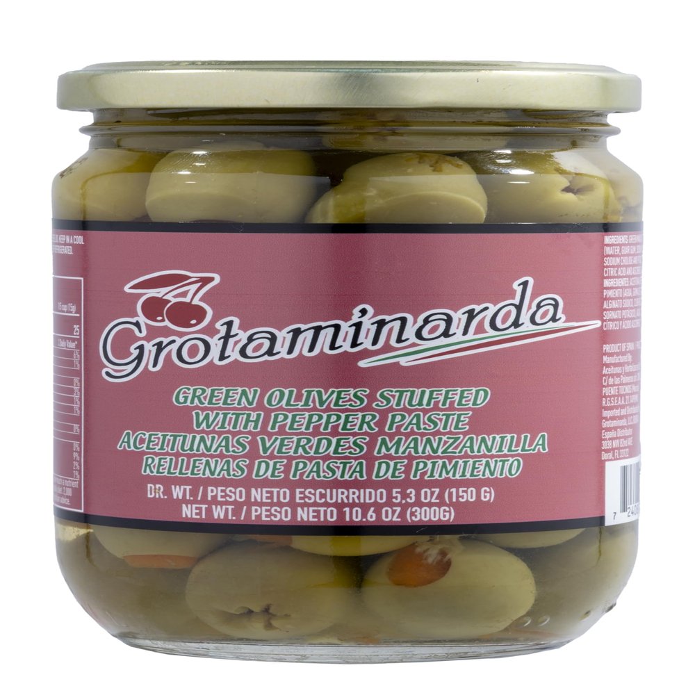 GROTAMINARDA | Green Manzanilla Olives Stuffed With Pepper Paste | 300 G