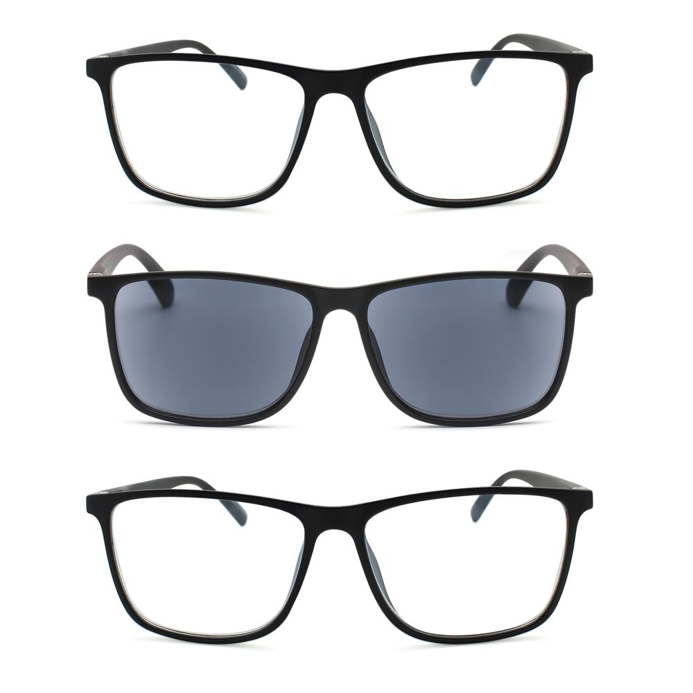 2SeeLife Durable Large TR-90 Reading Glasses Multipack for Men Medium-Wide Fit, Flex Sturdy Frame, Spring Hinges, Premium Readers, 2 Black Matte, Black (Sun Readers), +1.00