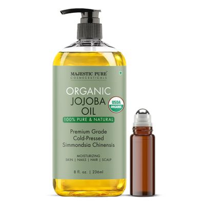 Majestic Pure Oil - 100% Pure and Natural- Cold Pressed & Hexane Free Natural Hair Growth Oil for Eyelashes, Eyebrows, Skin, Body, Face, Nails & Scalp - Jojoba Oil with Roll On 8 Fl Oz
