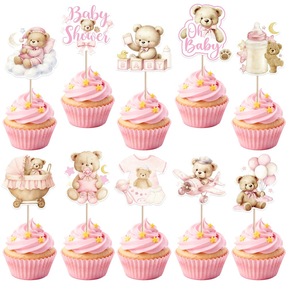 40 PCS Bear Baby Shower Cupcake Toppers Carriage Moon Star Oh Baby Girl Cupcake Picks It's a Girl Balloon Bear Cupcake Decorations for Baby Shower Girls Birthday Party Cake Decorations Supplies Pink