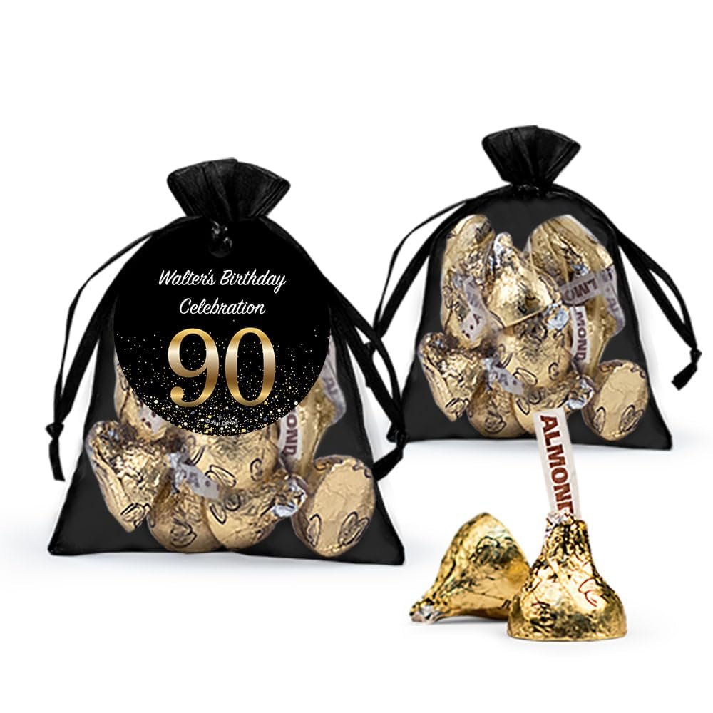 12ct Personalized 90th Birthday Organza Bag Party Favors With Gold Foiled Almond Kisses