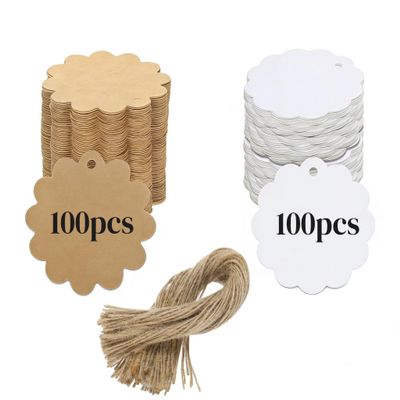 200 PCS Scalloped Gift Tags with 10inch Jute Twine - 100 Brown & 100 White Round Craft Paper Tags (2.4x2.4 Inch) for DIY Crafts, Wedding, Party Favors & Packaging