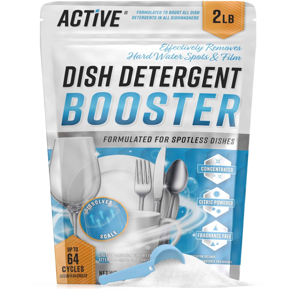 Dishwasher Detergent Booster Prewash Powder - ACTIVE Citric Acid Dishwashing Additive for Hard Water, Natural Dish Washer Shine & Rinse Aid, Lime Scale Remover for Cloudy Glassware - 64 Uses (32-oz)