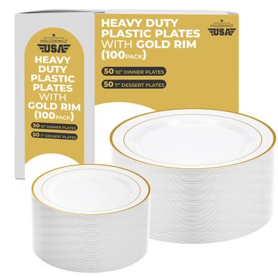 100 White and Gold Plastic Plates for Party - Fancy Disposable Heavy Duty 50 Dinner 10" & 50 Salad Dessert 7" Hard Elegant Plates Set with Gold Trim - Nice Premium Sturdy Rim Plate for Wedding Holiday