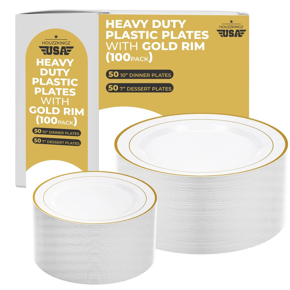 100 White and Gold Plastic Plates for Party - Fancy Disposable Heavy Duty 50 Dinner 10" & 50 Salad Dessert 7" Hard Elegant Plates Set with Gold Trim - Nice Premium Sturdy Rim Plate for Wedding Holiday