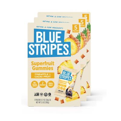 Blue Stripes Cacao Superfruit Gummies- Healthy Fruit Snack for Adults & Kids, Gluten Free, Vegan, No Sugar Added, 9 Essential Vitamins & Minerals, Natural Superfood- Pineapple & Cacao, 3.5 oz (3 Pack)