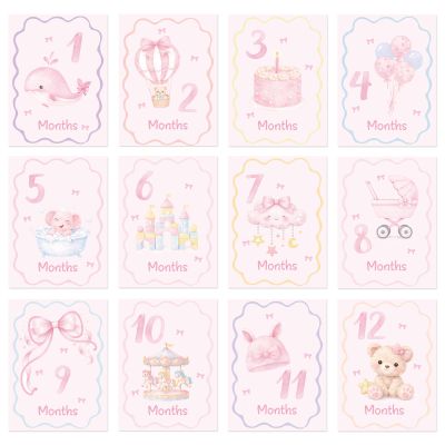 Fukaisu 12pcs Baby First Holiday Cards, 12 Monthly Milestone Photo Cards First Birthday & Newborn Gift Baby Shower Photo Props for Holiday Festival (Pink)