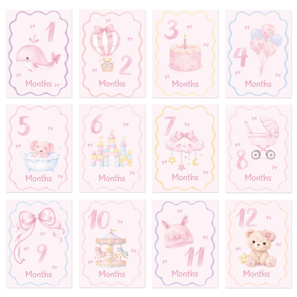 Fukaisu 12pcs Baby First Holiday Cards, 12 Monthly Milestone Photo Cards First Birthday & Newborn Gift Baby Shower Photo Props for Holiday Festival (Pink)