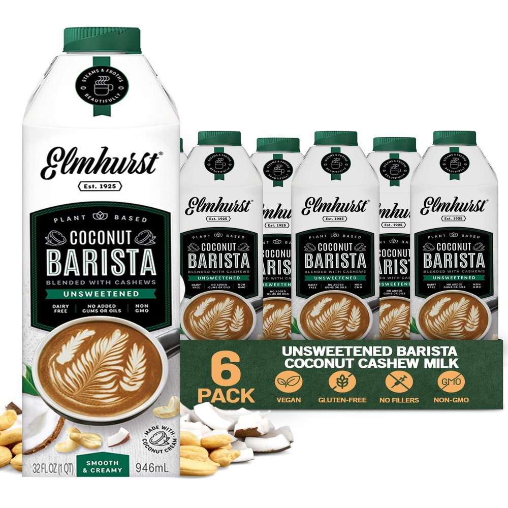 Elmhurst 1925 Unsweetened Coconut Cashew Barista Edition 32oz (6-Pack) Plant-Based, Vegan, Dairy-Free, Gluten-Free, Froths for Lattes & Iced Coffee, 3g Protein per Serving, Simple Ingredients