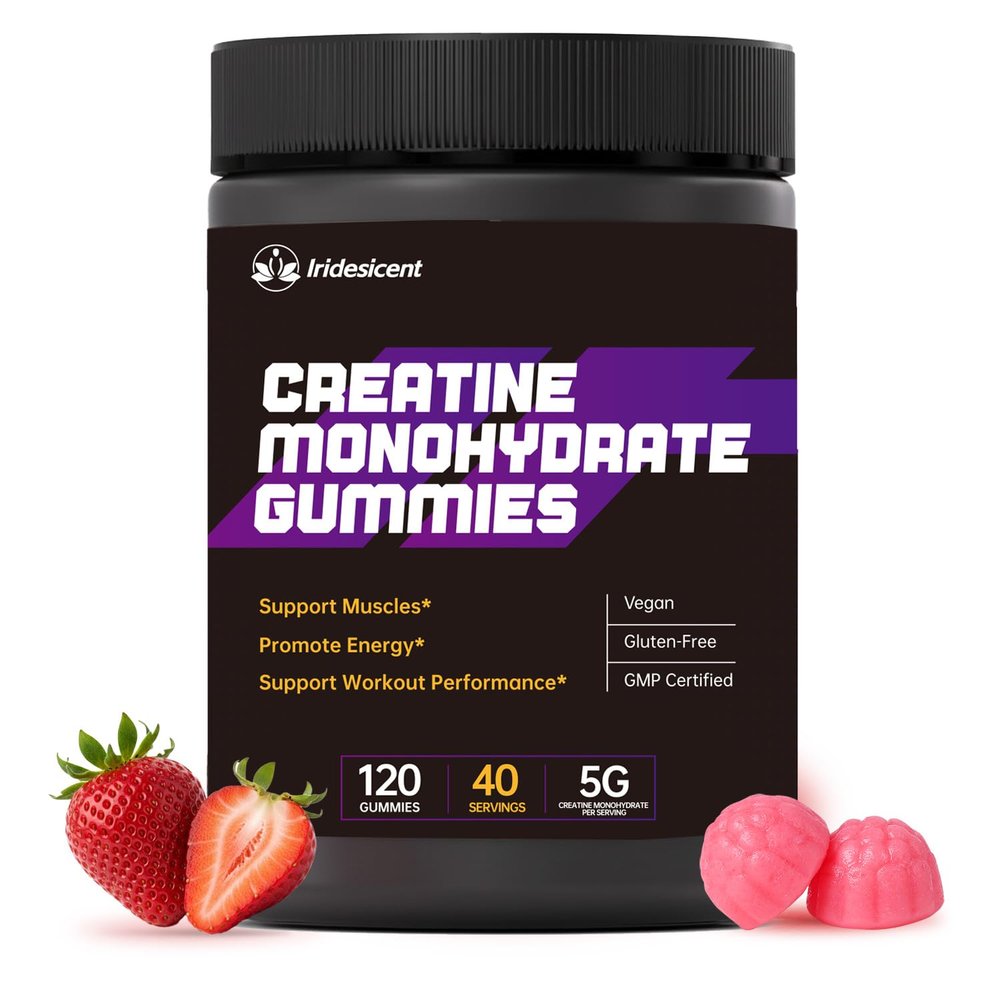 IRIDESICENT Creatine Gummies 5000mg Sugar Free Creatine Monohydrate, Vegan Chewables Creatine for Women and Men (120 Count, Strawberry)