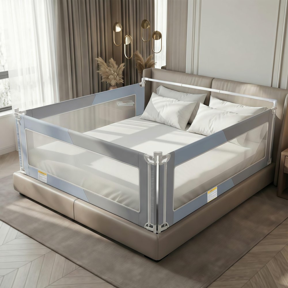 NurturaNook King Size Baby Bed Rail Guard Extra Tall Safety Bedside Rail with Headboard Rod for Toddlers, Adjustable No-Gap Design, 3 Panels (278.7 + 174.8), Gray + Light Blue
