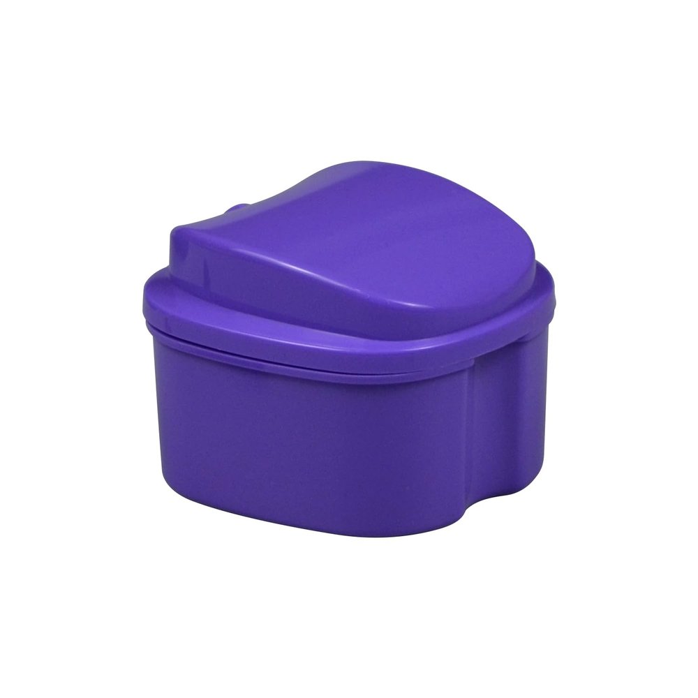 1-Pack Denture Bath Case Cup, w/Denture Cleaning Brush Lid and Strainer Basket Portable False-Teeth/Retainer Cleaner Tool, Complete Clean Care for Dentures (Purple, Small-1A)