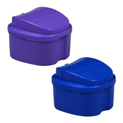 2-Pack Denture Bath Case Cup, w/Lid and Strainer Basket Portable False-Teeth/Retainer Cleaner Tool, Complete Clean Care for Dentures (Blue & Purple, Medium-2A)