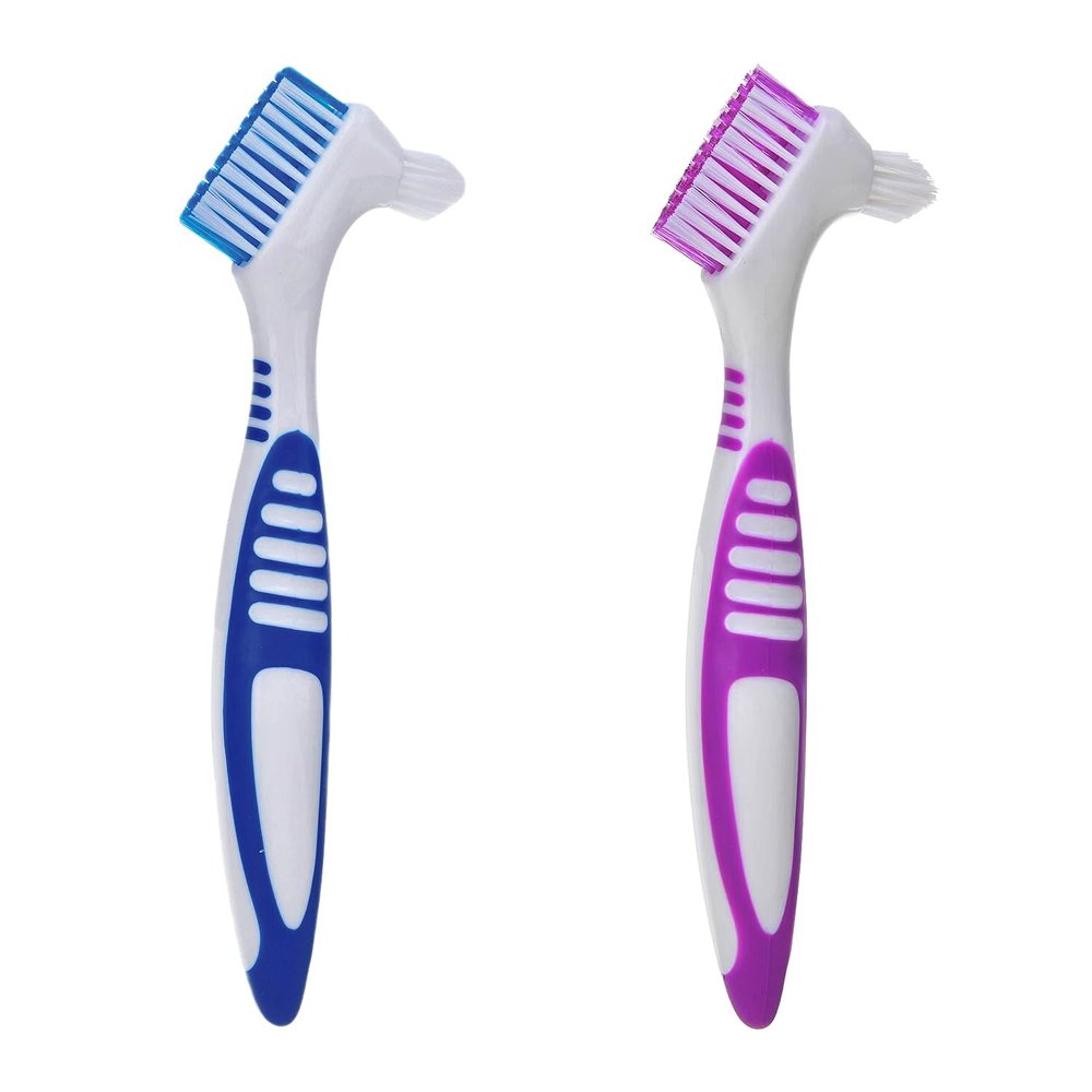 2 Pcs Denture Cleaning Brush Dual-Sided, Multi-Layered Soft Bristles, Rubber Anti-Slip Handle, Portable False-Teeth Cleaner (Blue & Purple, Medium-2B)
