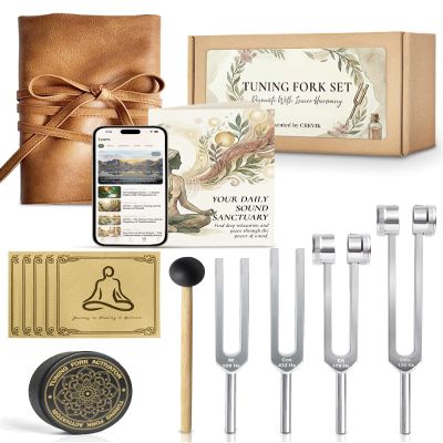 CREVIK Tuning Forks for Healing Set - 128 Hz, 174 Hz, 432 Hz, 528 Hz Weighted & Unweighted Resonance Tuning Fork Kit - Chakra Sound Therapy Instruments for Meditation & Yoga in Pouch