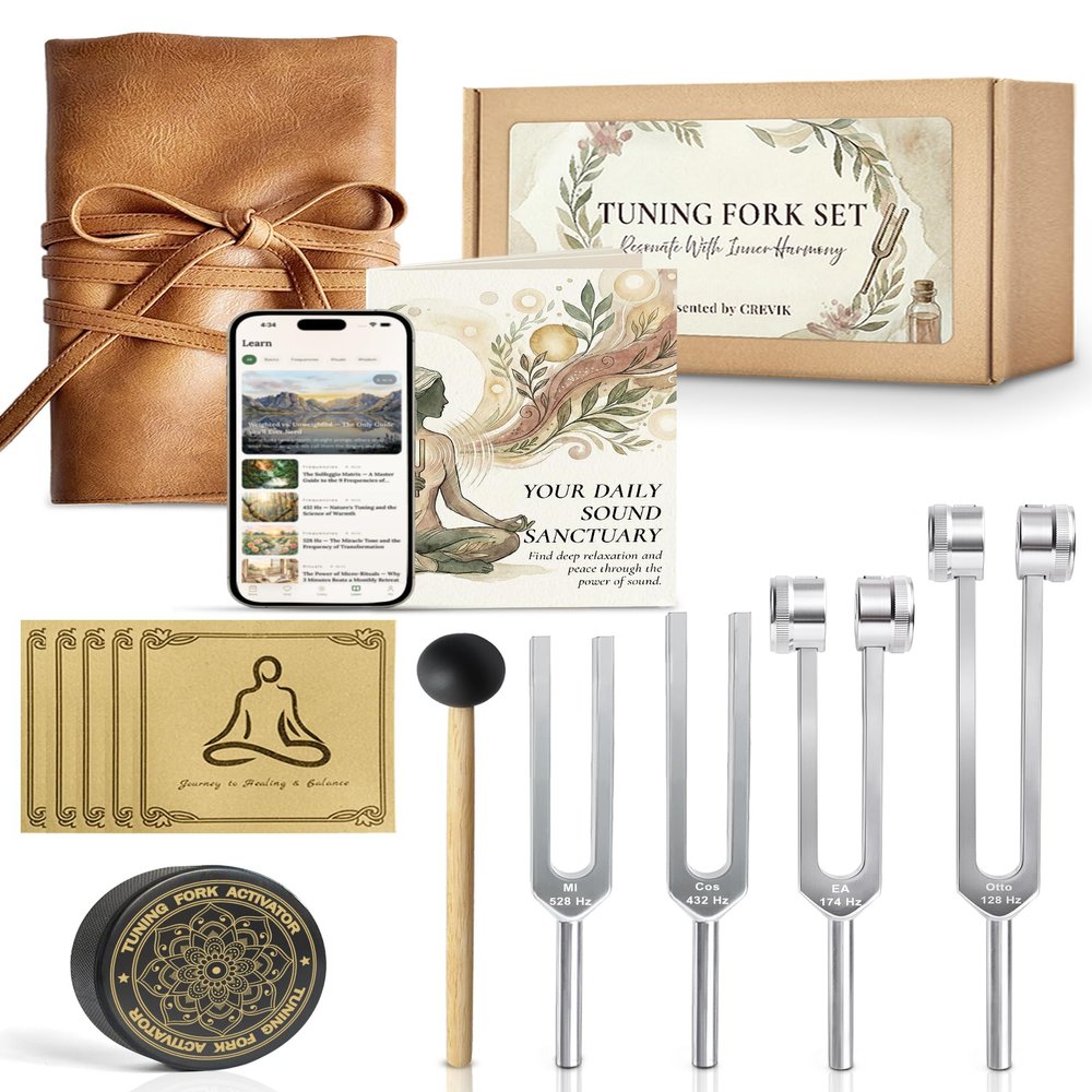 CREVIK Tuning Forks for Healing Set - 128 Hz, 174 Hz, 432 Hz, 528 Hz Weighted & Unweighted Resonance Tuning Fork Kit - Chakra Sound Therapy Instruments for Meditation & Yoga in Pouch