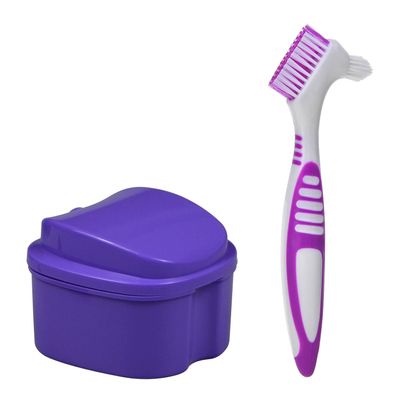 2-Pack Denture Bath Case Cup, w/Denture Cleaning Brush, Lid and Strainer Basket Portable False-Teeth/Retainer Cleaner Tool, Complete Clean Care for Dentures (Purple, Medium-2C)