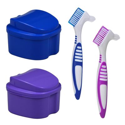 4-Pack Denture Bath Case Cup, w/Denture Cleaning Brush, Lid and Strainer Basket Portable False-Teeth/Retainer Cleaner Tool, Complete Clean Care for Dentures (Blue & Purple, Large-4A)