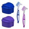 4-Pack Denture Bath Case Cup, w/Denture Cleaning Brush, Lid and Strainer Basket Portable False-Teeth/Retainer Cleaner Tool, Complete Clean Care for Dentures (Blue & Purple, Large-4A) view 1