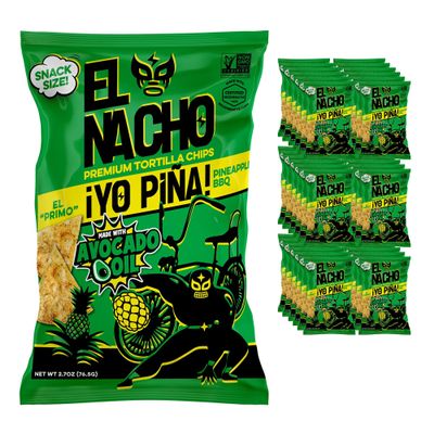 El Nacho Premium Tortilla Chips Cooked in 100% Avocado Oil, Regeneratively Grown Corn, Non-GMO, Gluten-Free, Vegan, Kosher - Pack of 36 2.7oz Bags - (Yo Pina (Pineapple BBQ))