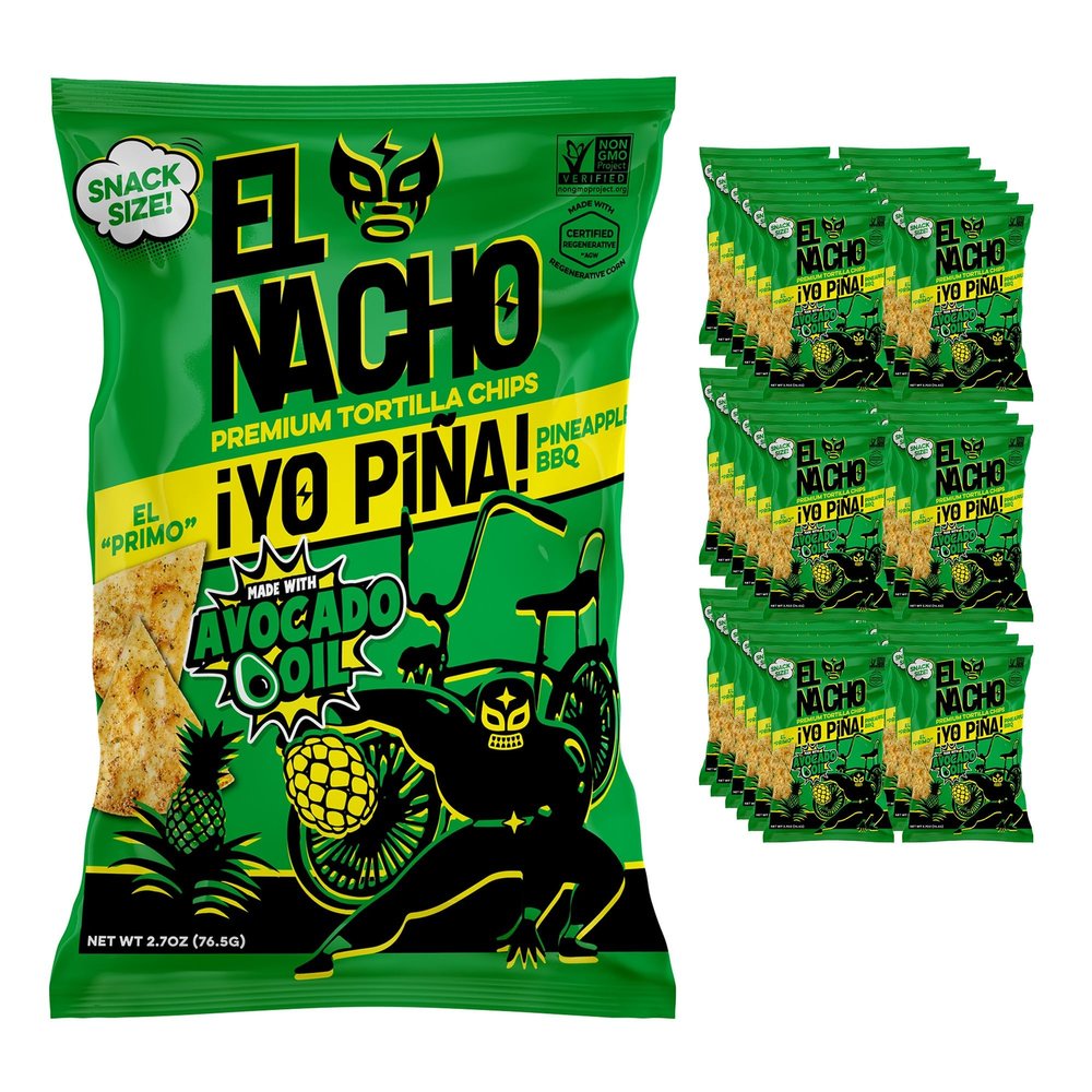 El Nacho Premium Tortilla Chips Cooked in 100% Avocado Oil, Regeneratively Grown Corn, Non-GMO, Gluten-Free, Vegan, Kosher - Pack of 36 2.7oz Bags - (Yo Pina (Pineapple BBQ))