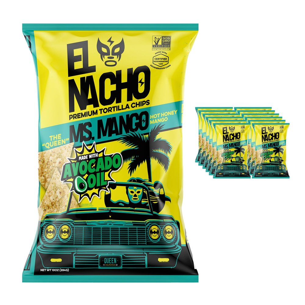 El Nacho Premium Tortilla Chips Cooked in 100% Avocado Oil, Regeneratively Grown Corn, Non-GMO, Gluten-Free, Vegan, Kosher - Pack of 12 10oz Bags (Ms. Mango (Hot Honey Mango))