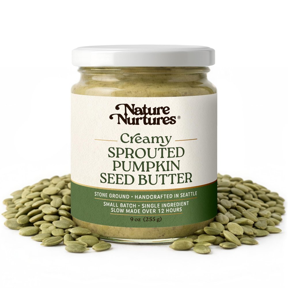 Creamy Sprouted Pumpkin Seed Butter Single Ingredient Raw Stone Ground Slowly Made Over 12 Hours Small Batch Handcrafted in Seattle USA For Smoothies, Oatmeal, Savory Spreads & Baking High Protein No Added Sugar No Palm Oil Unre