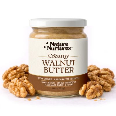 Creamy Walnut Butter Single Ingredient Raw Stone Ground Slowly Made Over 12 Hours Small Batch Handcrafted in Seattle USA For Toast, Baking, Smoothies & Rustic Spreads High Protein No Added Sugar No Palm Oil Unrefined 100% Pure
