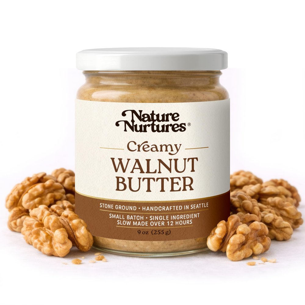 Creamy Walnut Butter Single Ingredient Raw Stone Ground Slowly Made Over 12 Hours Small Batch Handcrafted in Seattle USA For Toast, Baking, Smoothies & Rustic Spreads High Protein No Added Sugar No Palm Oil Unrefined 100% Pure