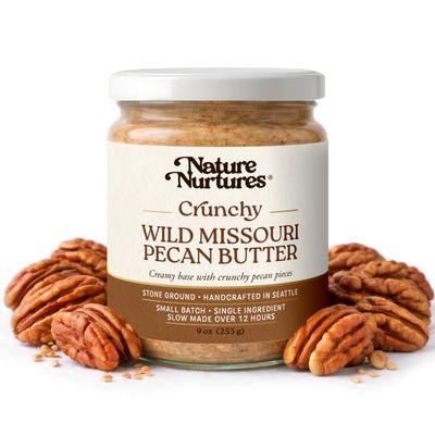 Crunchy Wild Pecan Butter Single Ingredient Raw Stone Ground Slowly Made Over 12 Hours Small Batch Missouri Harvest Handcrafted in Seattle USA For Toast, Baking, Oatmeal & Texture-Rich Smoothies High Protein No Added Sugar No Pa