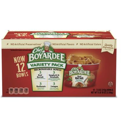 Chef Boyardees Variety Pack, 12 Count 7.5 oz Cans of Beef Ravioli, Spaghetti & Meatballs, Beefaroni, and Lasagna Ready for Eat Canned Pasta Meals