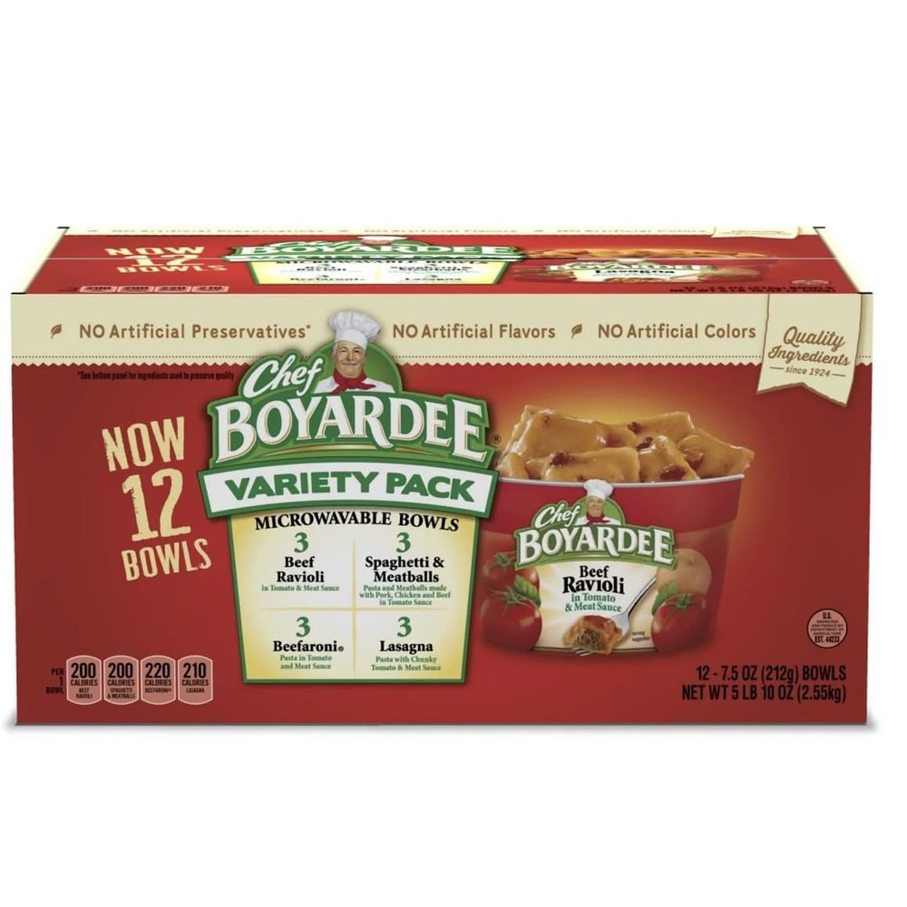 Chef Boyardees Variety Pack, 12 Count 7.5 oz Cans of Beef Ravioli, Spaghetti & Meatballs, Beefaroni, and Lasagna Ready for Eat Canned Pasta Meals