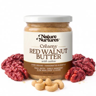 Creamy Red Walnut Butter with Cashew Only Red Walnuts & Cashews Raw Stone Ground Slowly Made Over 12 Hours Small Batch Sourced Once a Year Handcrafted in Seattle USA For Toast, Baking, Smoothies & Gourmet Spreads High Protein No A
