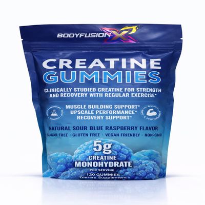 BodyFusion X Creatine Gummies 5g Sugar Free, Vegan, Non-GMO Muscle Strength, Recovery & Performance Support Blue Raspberry Flavor Anti-Melt Formula 120 Gummies