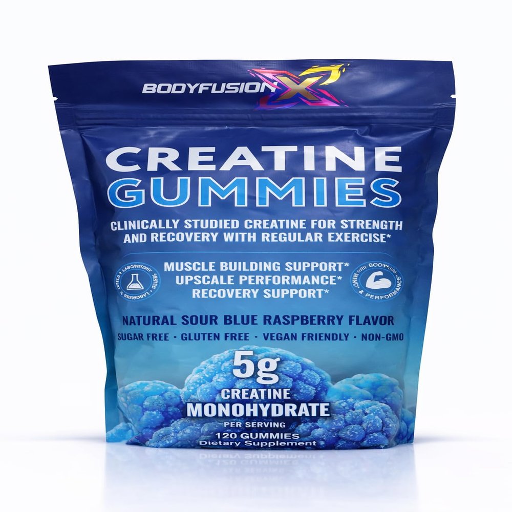 BodyFusion X Creatine Gummies 5g Sugar Free, Vegan, Non-GMO Muscle Strength, Recovery & Performance Support Blue Raspberry Flavor Anti-Melt Formula 120 Gummies
