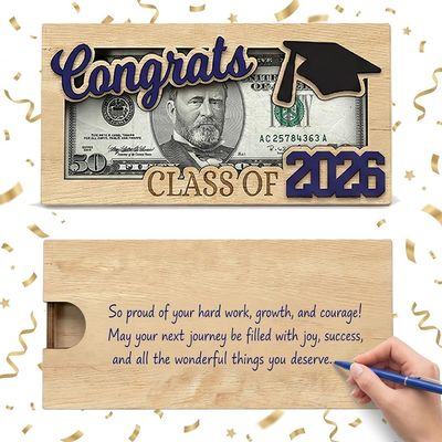Becomate Graduation Money Holder, Wooden Cash Gift Display with Interchangeable Year Signs 2026 & 2027, Congrats Grad Keepsake for High School & College Graduation, Gift for Him or Her (Blue)