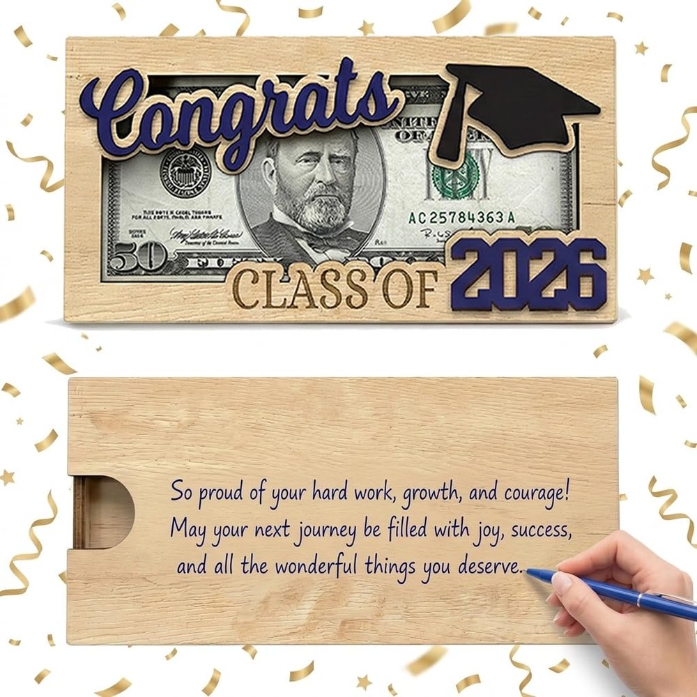Becomate Graduation Money Holder, Wooden Cash Gift Display with Interchangeable Year Signs 2026 & 2027, Congrats Grad Keepsake for High School & College Graduation, Gift for Him or Her (Blue)