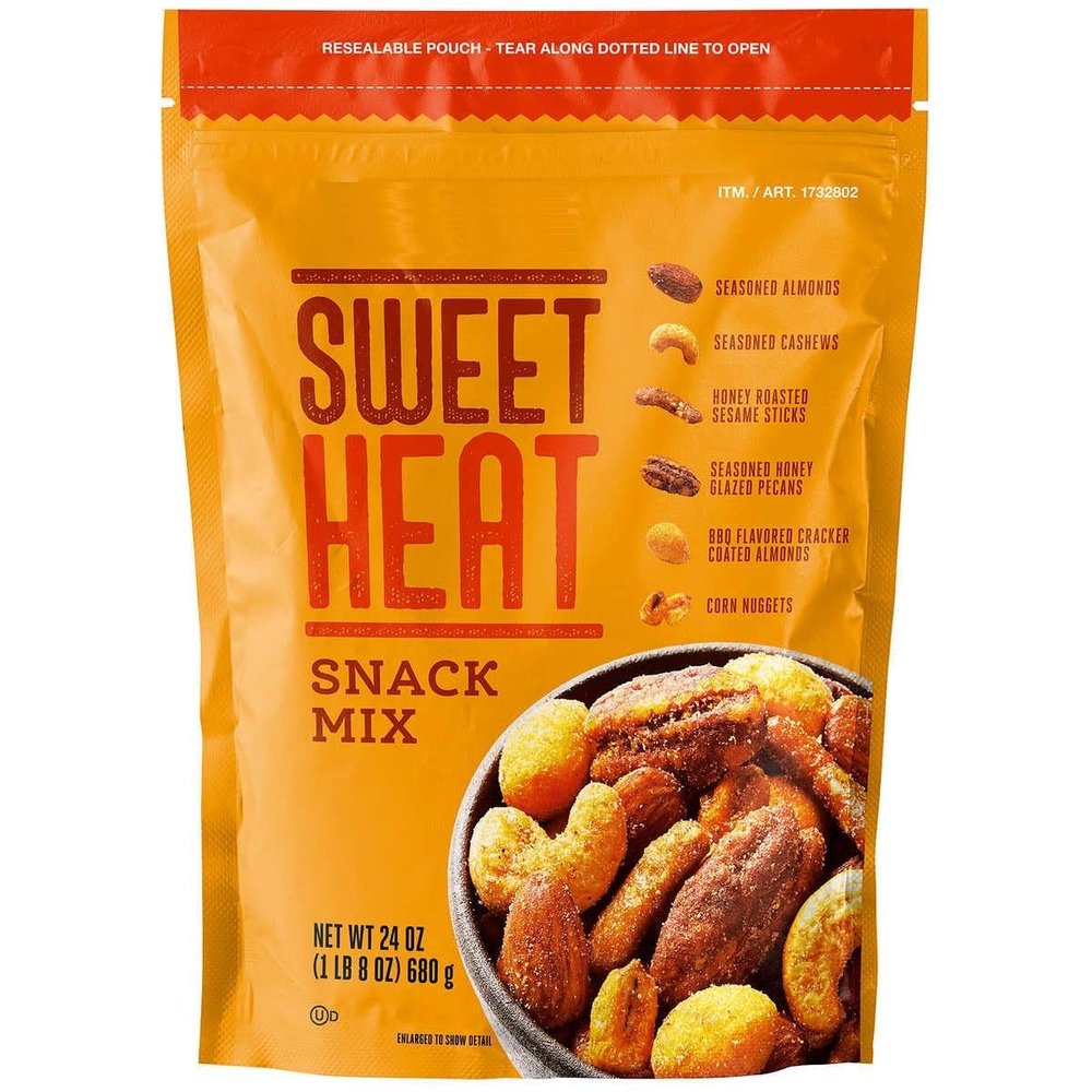 Sweet Heat Snack Mix (24 oz) Spicy & Sweet Gourmet Trail Mix with Seasoned Almonds, Cashews, Glazed Pecans, Honey Roasted Sesame Sticks, and Corn Nuggets Resealable Party Pouch