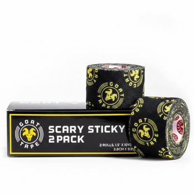 Goat Tape Scary Sticky Athletic Tape. Black Fabric with Yellow Ink Print. 1.5" x 10yds. Sold in Packs of Two Rolls Each