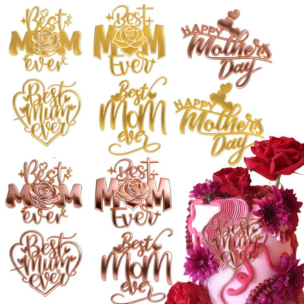 10 pcs Mother's Day Cake Topper Gold Acrylic Flowers Cupcake Topper for Birthday Party Decoration Supplies
