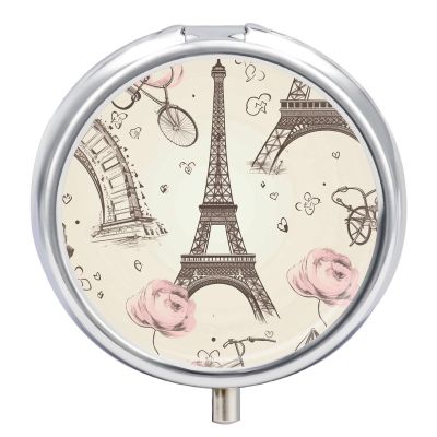 The Eiffel Tower and A Bicycle Pill Case with 3 Compartment Exquisite Travel Pill Organizer Portable Round Pill Box Mini Pill Container Metal Vitamin Medicine Container for Man&Women