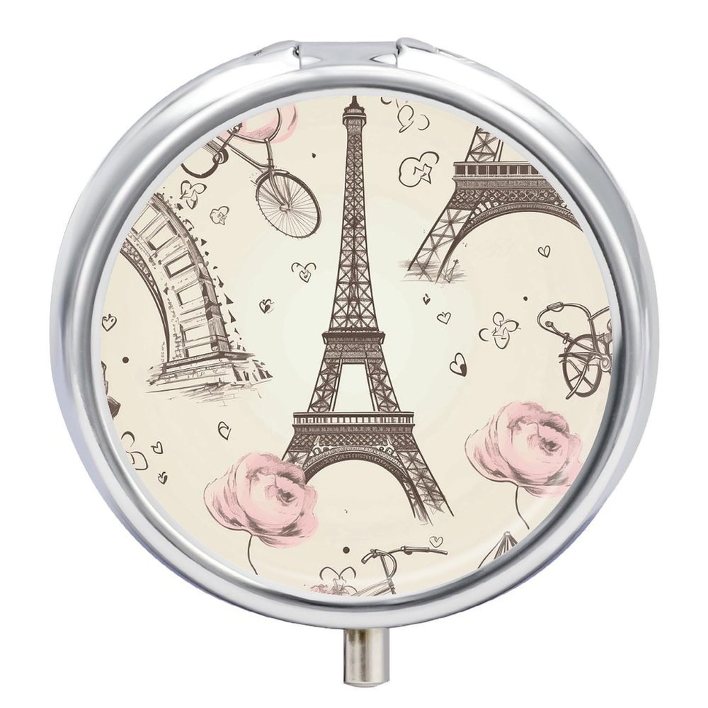The Eiffel Tower and A Bicycle Pill Case with 3 Compartment Exquisite Travel Pill Organizer Portable Round Pill Box Mini Pill Container Metal Vitamin Medicine Container for Man&Women
