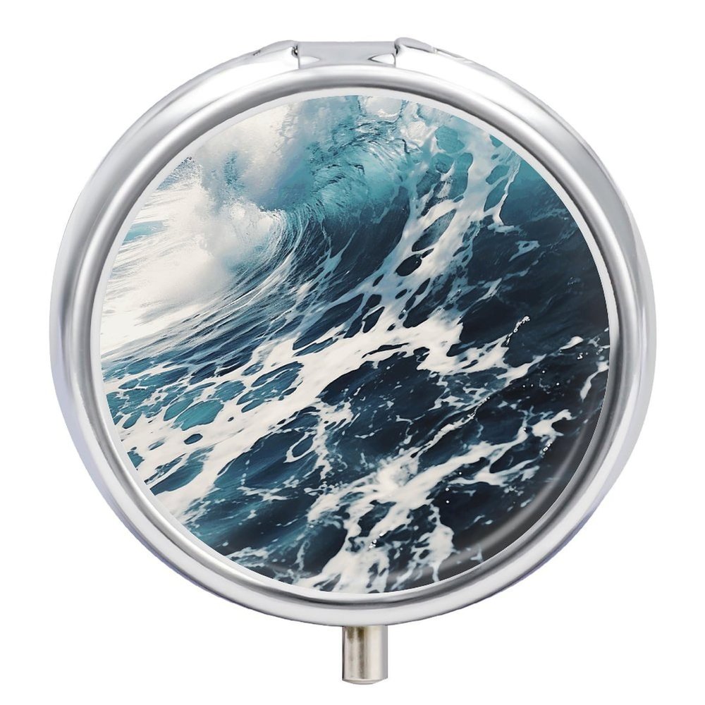 Beach Foam Wave Pill Case with 3 Compartment Exquisite Travel Pill Organizer Portable Round Pill Box Mini Pill Container Metal Vitamin Medicine Container for Man&Women