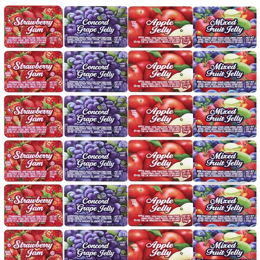 Assorted Jelly & Jam Cups Variety Pack, 0.5 oz Single Serve Portions Apple, Grape, Strawberry Jam & Mixed Fruit Jelly 60 Count Individual Mini Cups for Breakfast, Hotels, Restaurants, Lunchboxes & Catering