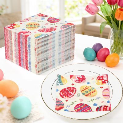 100pcs Vibrant Egg Easter Napkins Paper - 6.5"x6.5 Soft & Highly Absorbent Easter Napkins Disposable for Table Bathroom Party Decorations