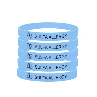 5 Pack-Sulfa Allergy Medical Alert Silicone Bracelet 8mm Silicone Rubber Emergency Waterproof Sport Thin Wristband,7.5",Light Blue