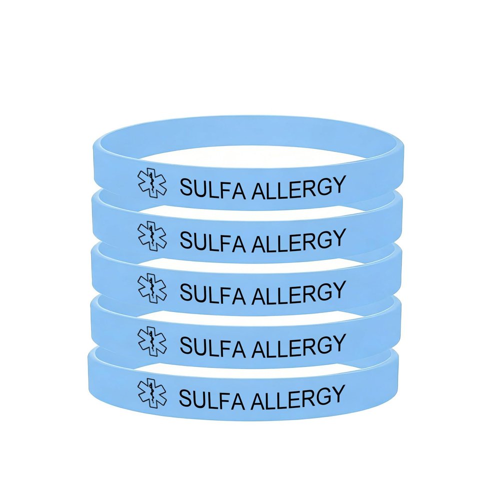 5 Pack-Sulfa Allergy Medical Alert Silicone Bracelet 8mm Silicone Rubber Emergency Waterproof Sport Thin Wristband,7.5",Light Blue