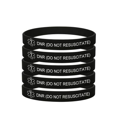 5 Pack-Do Not Resuscitate Medical Alert Silicone Bracelet 8mm Silicone Rubber Emergency Waterproof Sport Thin Wristband,7.5",Black