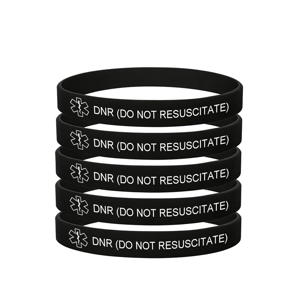 5 Pack-Do Not Resuscitate Medical Alert Silicone Bracelet 8mm Silicone Rubber Emergency Waterproof Sport Thin Wristband,7.5",Black