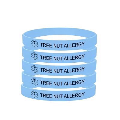 5 Pack-Tree Nut Allergy Medical Alert Silicone Bracelet 8mm Silicone Rubber Emergency Waterproof Sport Thin Wristband,7.5",Light Blue